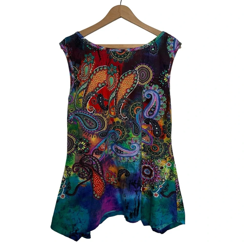 Vintage Y2K Collections Etc Colorful Sleeveless Paisley Sharkbite Boho Tunic Top - Picture 4 of 12